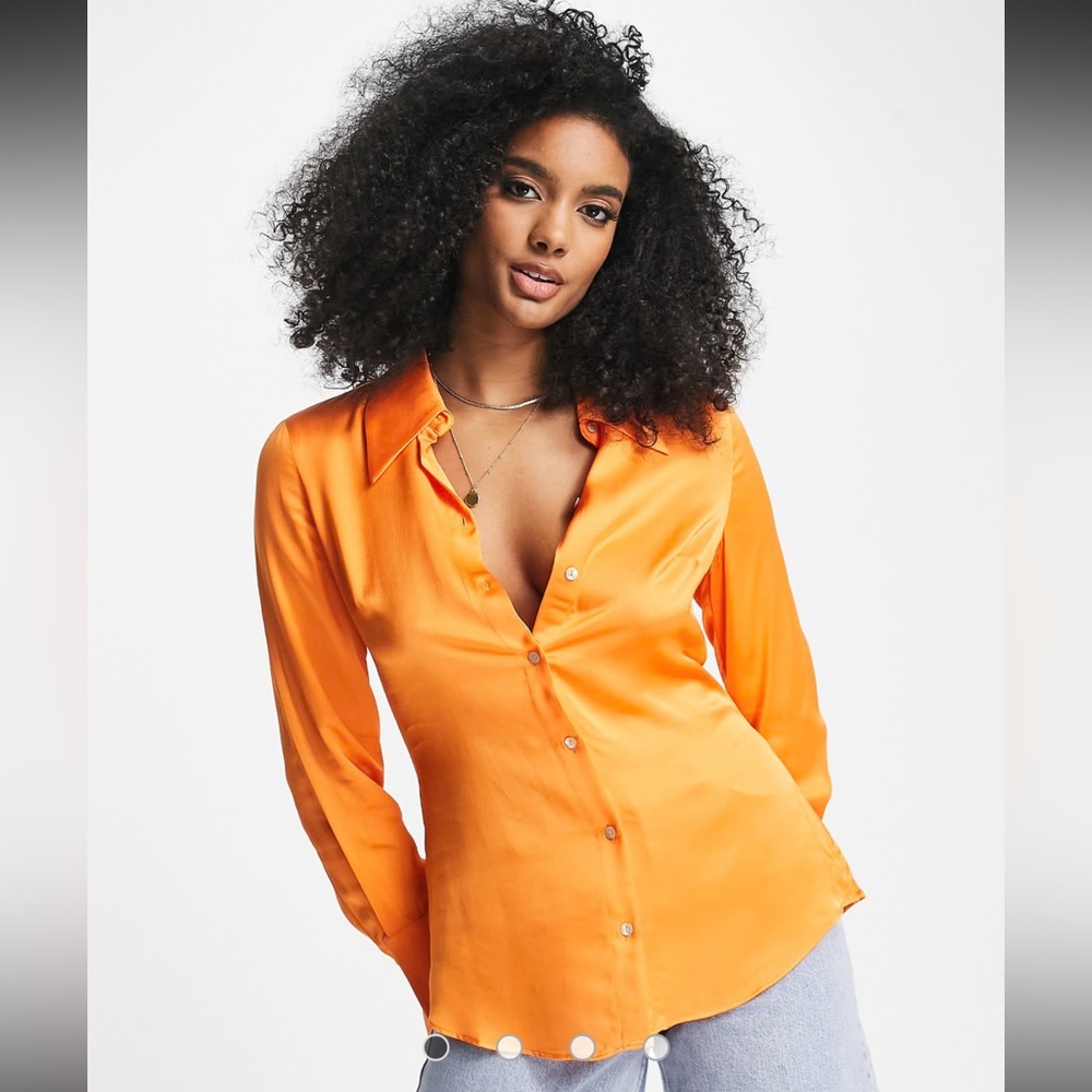 Mango Orange Satin Button Up Shirt NWT